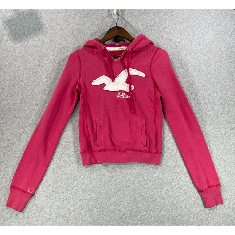 Hollister Hoodie Womens XS Pink Applique Embroidered Logo Cotton Ribbed Trim